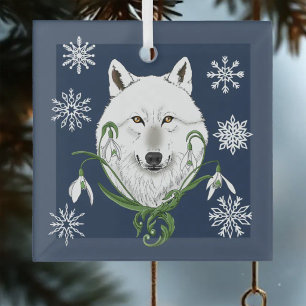 Ornement En Verre Loup Arctique Blanc Mystique Neige Bleue Galanthus