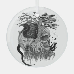 Ornement En Verre Loup et corbeau avec crâne