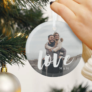 Ornement En Verre Love Script Overlay Couples personnalisés Photo