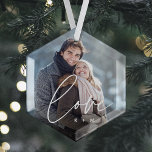 Ornement En Verre Love Script Overlay Photo & Initiales<br><div class="desc">Créez un doux souvenir de votre mariage,  lune de miel ou moment spécial avec ce magnifique ornement personnalisé. Ajoutez une photo préférée avec "amour" superposé dans des lettres de script blanc moderne,  et vos initiales sous.</div>