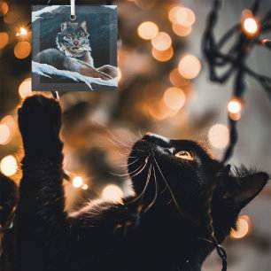 Ornement En Verre Lynx hivernal majestueux se reposant sur une monta