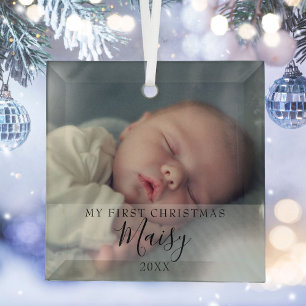 Ornement En Verre Ma première photo de bébé à Noël Écriture élégante