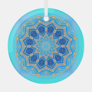 Ornement En Verre Mandala de lotus en turquoise et bleu