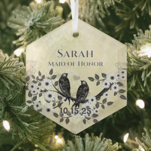 Ornement En Verre Mariage d'oiseaux d'amour de la forêt enchantée