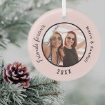 Ornement En Verre Meilleurs amis noms photo rose or blush<br><div class="desc">Personnalisez et ajoutez votre propre photo. Un arrière - plan rose en or. Ajoutez vos noms et votre année. Texte noir.</div>