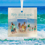 Ornement En Verre Mele Kalikimaka Beach Vacances 3 Photo Noël<br><div class="desc">Chic personnalisable plage famille photo collage ornement de Noël avec votre photo tropicale préférée au soleil. Ajoutez 3 photos verticales de votre voyage préféré de vos vacances sur l'île à la côte. Un beau cadeau de vacances côtier avec joli script bleu au-dessus des trois photos.</div>