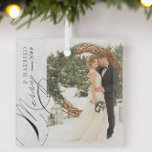 Ornement En Verre Merry and Married Script Vertical Photo Snowflake<br><div class="desc">Merry & Married photo ornament with vertical photo, elegant calligraphy and delicate white snowflakes on a silver grey border. The photo template is ready for you to add your photo, and your wedding year. If you have any problems with placement, try cropping your pic to a portrait format and re-uploading...</div>