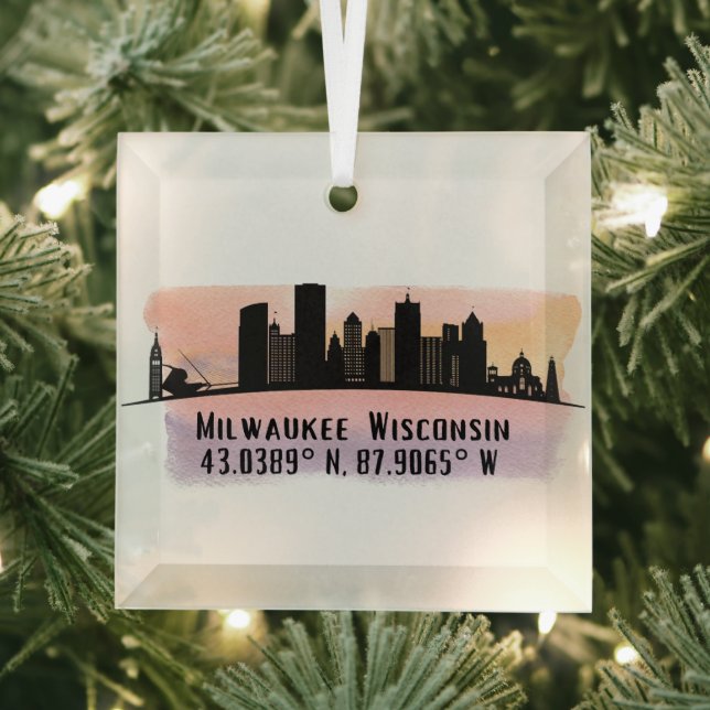Ornement En Verre Milwaukee City Skyline Latitude et Longitude (Insitu)