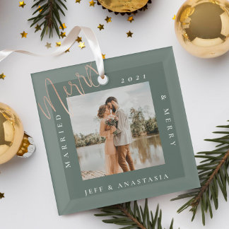 Ornement En Verre Miniature moderne mariée & Joyeux script d'or phot