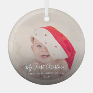 Ornement En Verre Moderne Premier Noël de Bébé 1 Photo Personnalisée