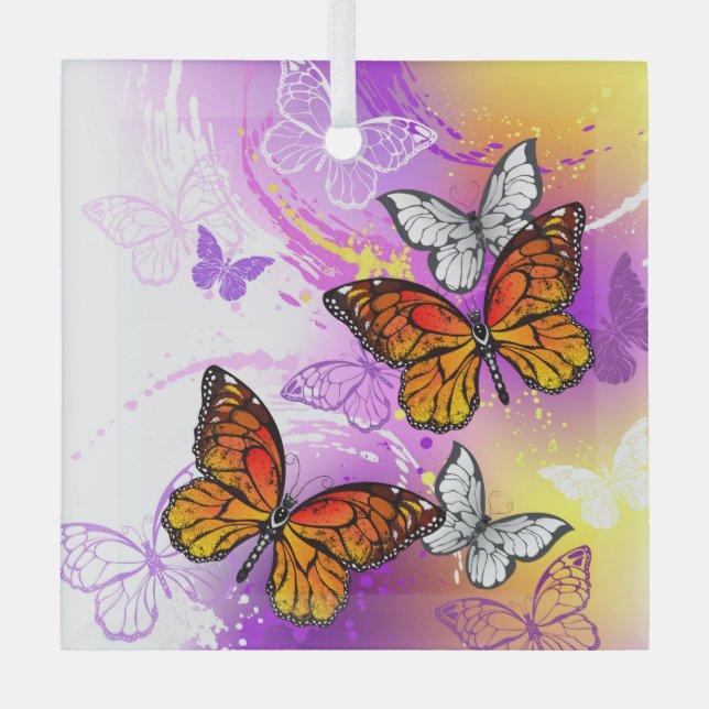 Ornement En Verre Monarch Butterflies on Purple Background (Recto)