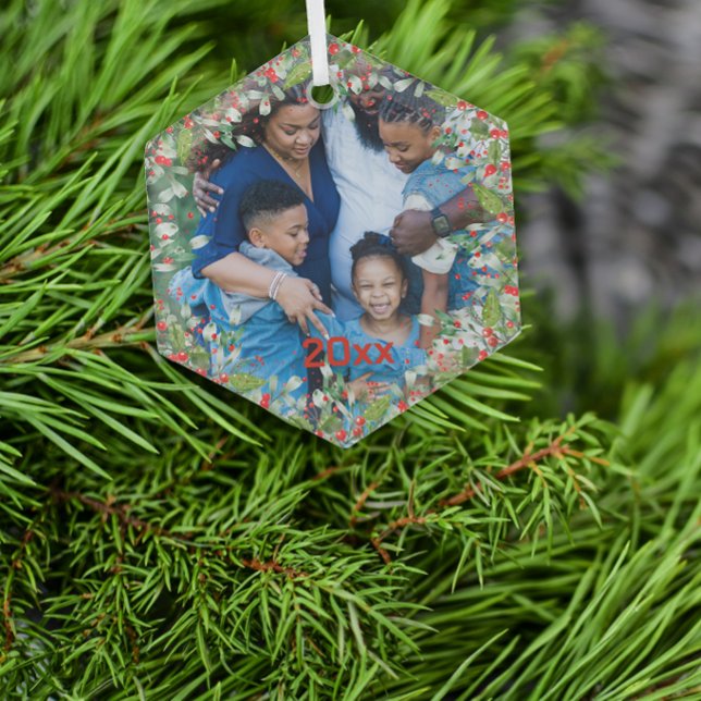 Ornement En Verre Monogramme Rouge Noël Green photo Classic Round (Créateur téléchargé)