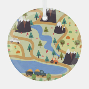 Ornement En Verre Montagnes, rivières, forêt, motif automobile.