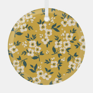 Ornement En Verre motif floral vintage, petites fleurs blanches.