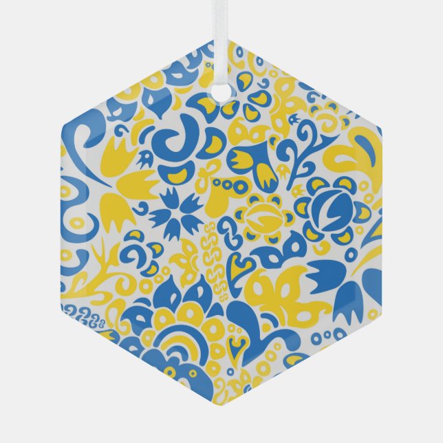 Ornement En Verre Motif folklorique aux couleurs du drapeau ukrainie (Recto)