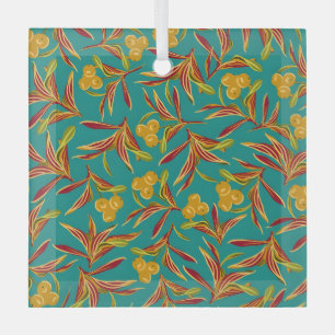 Ornement En Verre Motif tropical avec feuilles rouges et jaunes