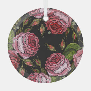 Ornement En Verre Motif vintage de broderie de rose rouge