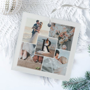 Ornement En Verre Mr. Mrs. 5 Photo Collage First Christmas Monogram 