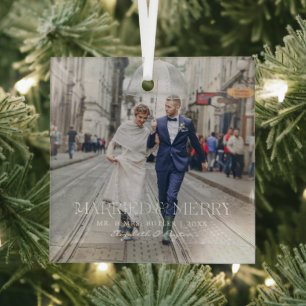 Ornement En Verre Mr. & Mrs.   Married & Merry First Christmas Photo