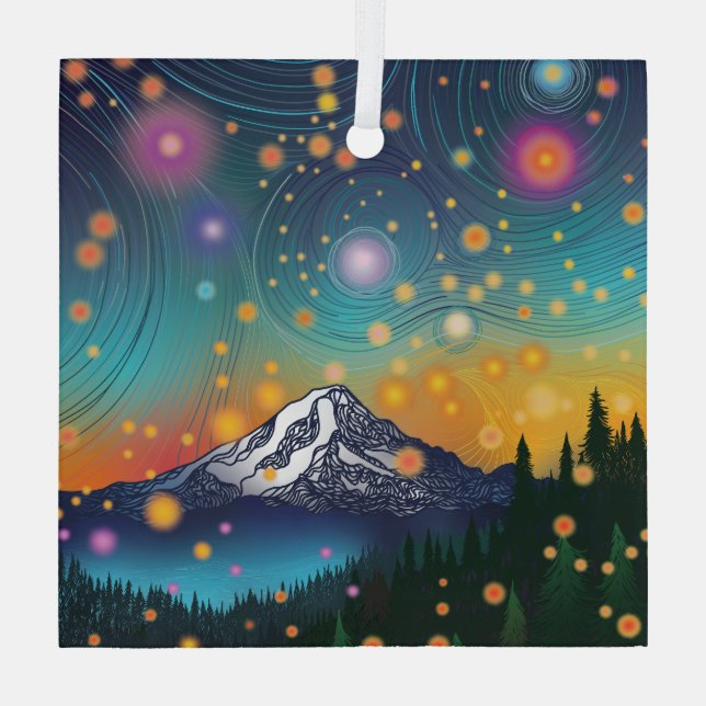 Ornement En Verre Mt Rainier w Soirée Starry Sky et Fireflies (Verso)