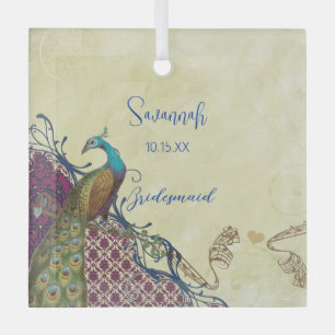 Ornement En Verre Navy & Berry Berry Elegant Damask Peacock Mariage