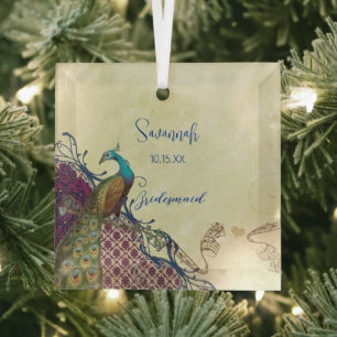 Ornement En Verre Navy & Berry Berry Elegant Damask Peacock Mariage