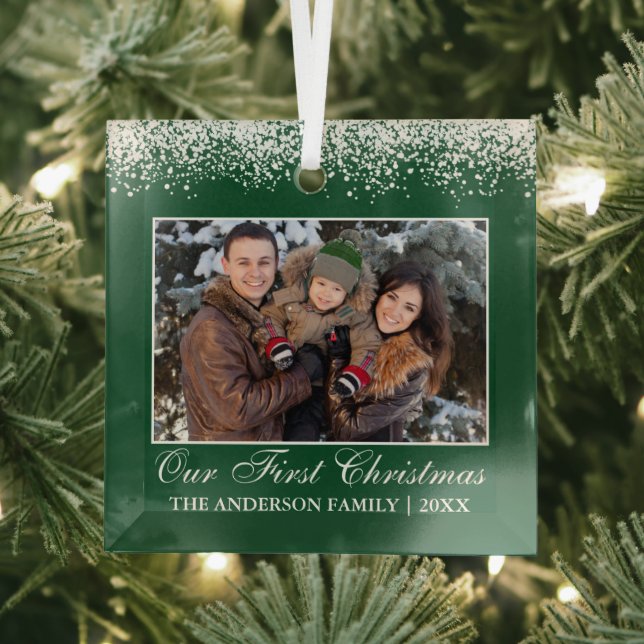 Ornement En Verre Neige Top Notre Première Famille De Noël Photo Ver (Insitu)