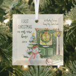 Ornement En Verre New Home First Festive Front Door Ceramic Ornament<br><div class="desc">First Christmas in new home holiday ornament - which you can edit for single, couples and families and personalize with the year and your new address. Festive christmas front door design, decorated with holly wreath and garland. The scene is set with cozy home elements including glowing lantern, christmas tree, snowman...</div>