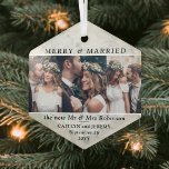 Ornement En Verre N'Importe Quel Texte 3 Photo Mariés Joyeux & Marié<br><div class="desc">Célébrez une 1ère fête joyeuse comme de jeunes mariés avec un collage photo personnalisé 3 "Joyeux et Marié" hexagone en forme de décor de verre marbré. Les images et tous les textes sur ce modèle sont simples à personnaliser à "Notre premier Noël, "Merrily Ever After, " ou autre texte. (CONSEIL...</div>