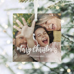 Ornement En Verre N'Importe Quel Texte Revêtement Photo Trendy Bross<br><div class="desc">Célébrez les joies simples des fêtes avec une typographie script photo superposition carré ornement de verre. L'image et tout le texte sur ce modèle sont faciles à personnaliser. Customisez avec n'importe quel libellé, comme Joyeux Noël, Joyeux Fêtes, Mes Premiers Noël, Meilleurs Amis, les enfants et les noms de famille, etc....</div>
