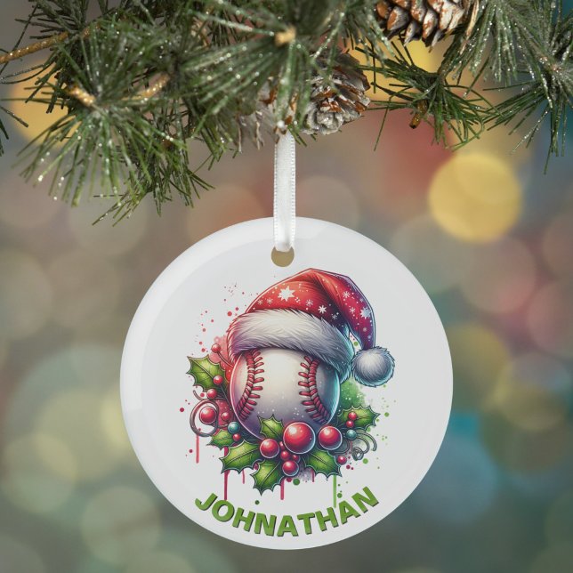 Ornement En Verre Noël Baseball Nom personnalisé avec Santa Hat (Créateur téléchargé)