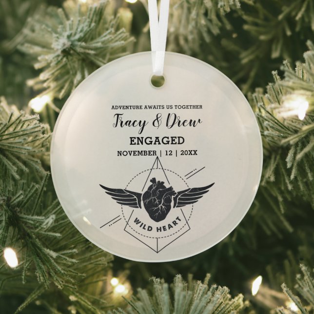 Ornement En Verre Noël Coeur extérieur ailes Couple Fiançailles (Insitu)