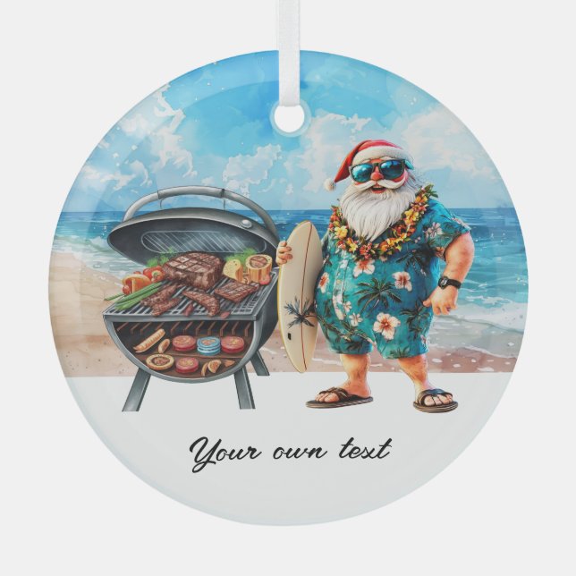 Ornement En Verre Noël en juillet avec Père Noël à la plage (Recto)