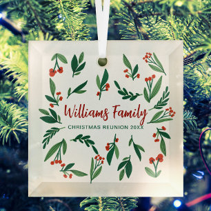 Ornement En Verre Noël Famille Réunion Rouge Vert Holly Berry
