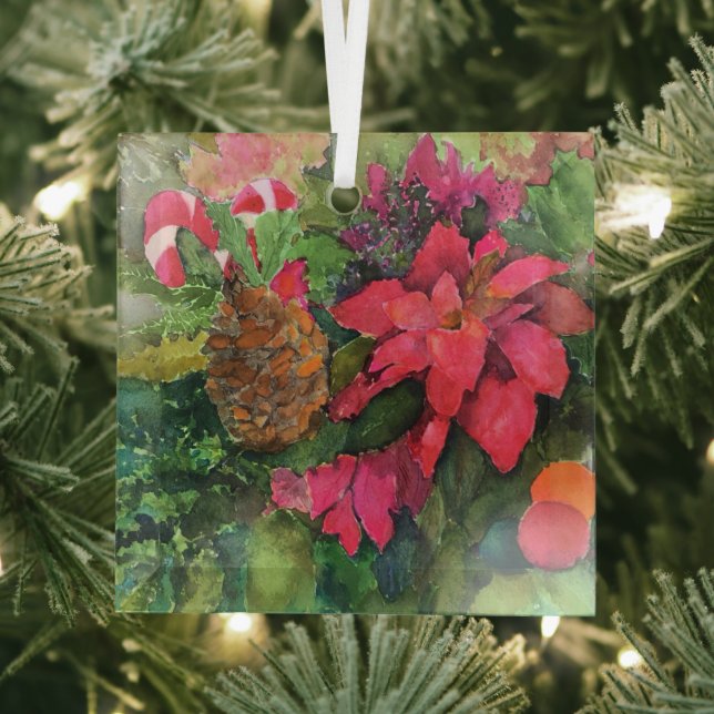 Ornement En Verre Noel Poinsettia peinture aquarelle originale (Insitu)