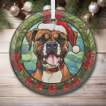 Ornement En Verre Noël Poinsettia Santa Hat Boxe Chien<br><div class="desc">Voici un joli ornement en verre avec un thème de vitrail, avec un chien Boxer marron et blanc. Le chien porte un chapeau et un collier de Père Noël rouge, avec une montagne et un arrière - plan de ciel bleu vert. L'image est encadrée dans une jolie bordure verte de...</div>