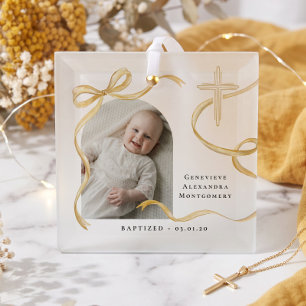 Ornement En Verre Nœud Jaune Élégant Croix Baptême Christening Photo