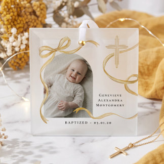Ornement En Verre Nœud Jaune Élégant Croix Baptême Christening Photo