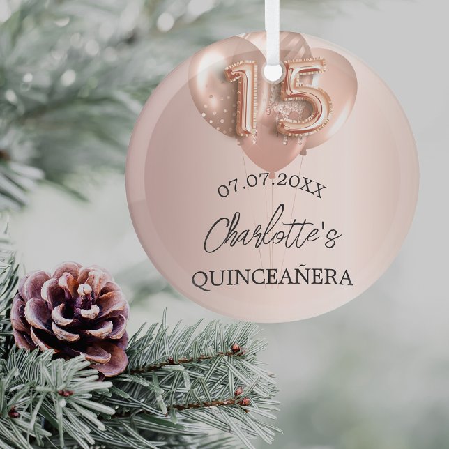 Ornement En Verre Nom des ballons d'or rose Quinceanera (Créateur téléchargé)