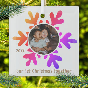 Ornement En Verre Notre 1er Noël Flocon de Neige Coloré Enfants Phot