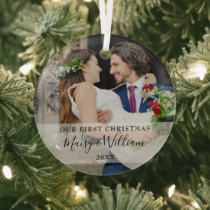 Ornement En Verre Notre première photo de Mariage de Noël