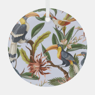 Ornement En Verre Oiseaux & Fleurs : Motif Vintage tropical.