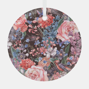 Ornement En Verre Oiseaux floraux vintages : Elégance aquarelle.