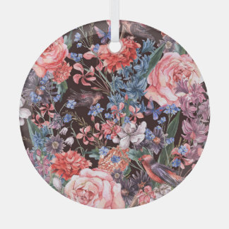 Ornement En Verre Oiseaux floraux vintages : Elégance aquarelle.