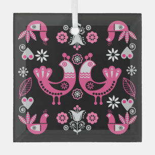 Ornement En Verre Oiseaux roses et blancs du folklore scandinave