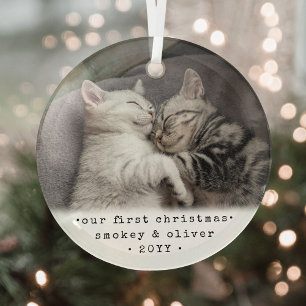 Ornement En Verre Our First Christmas 2 Cats or Any Pet Simple Photo