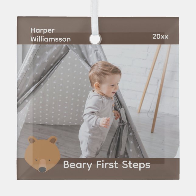 Ornement En Verre Ours Photo Baby First Steps Noël (Recto)