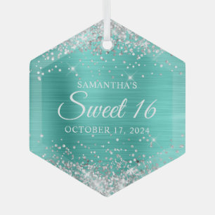 Ornement En Verre Paillettes Argent Turquoise Douce 16