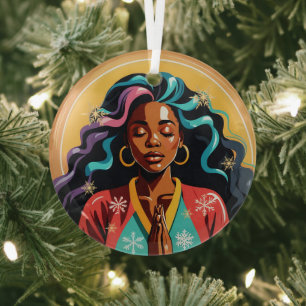 Ornement En Verre Paix, Amour et Joie Noël Femme noire Priant