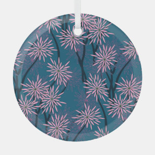Ornement En Verre Papier peint floral : bleu marine asiatique, rose.